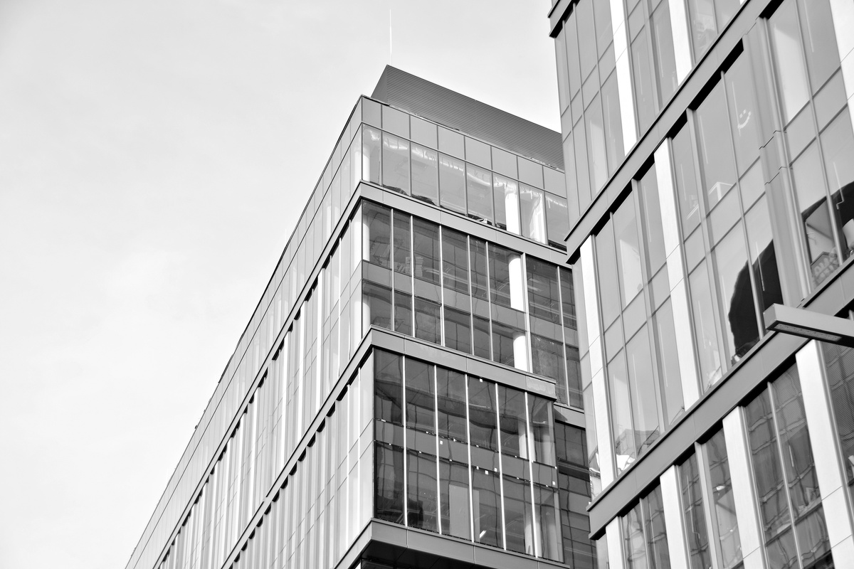 Office building. Business building. Exterior of building. Black and white.